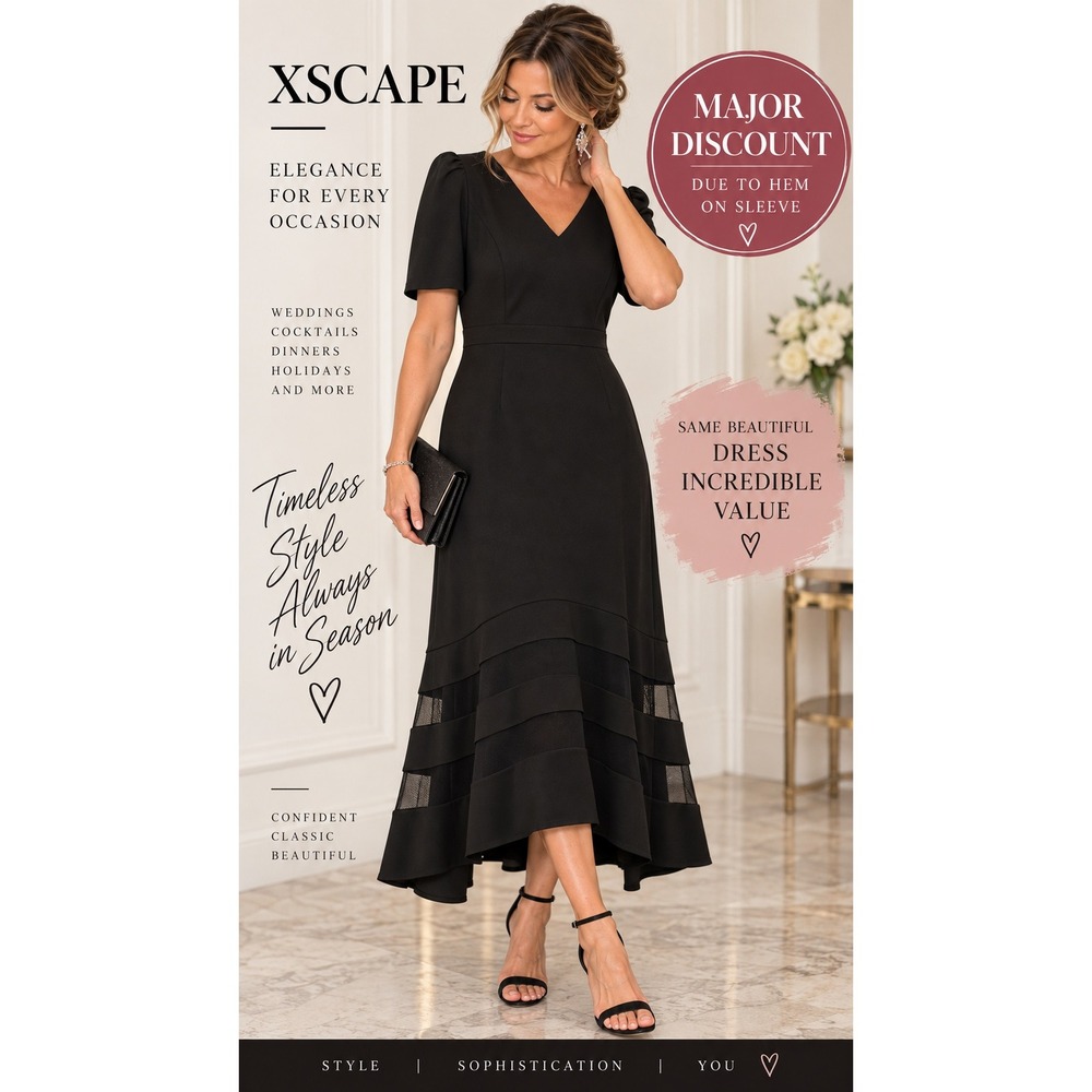 XSCAPE Women Black V-Neck Mesh Tiered High-Low Hem Gown Dress 14W 4788XW